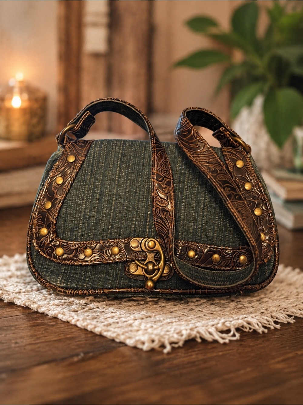 Vintage Boho Blue Denim Crossbody Bag Embossed Leather Trim Western Festival